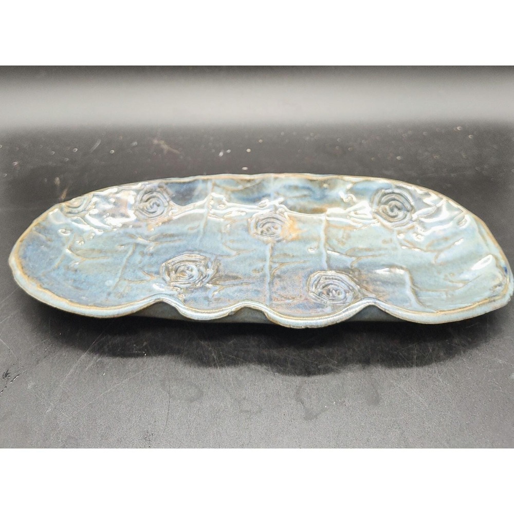 Handmade Studio Art Pottery Trinket Dresser Tray Dish Blue Swirl 12"
